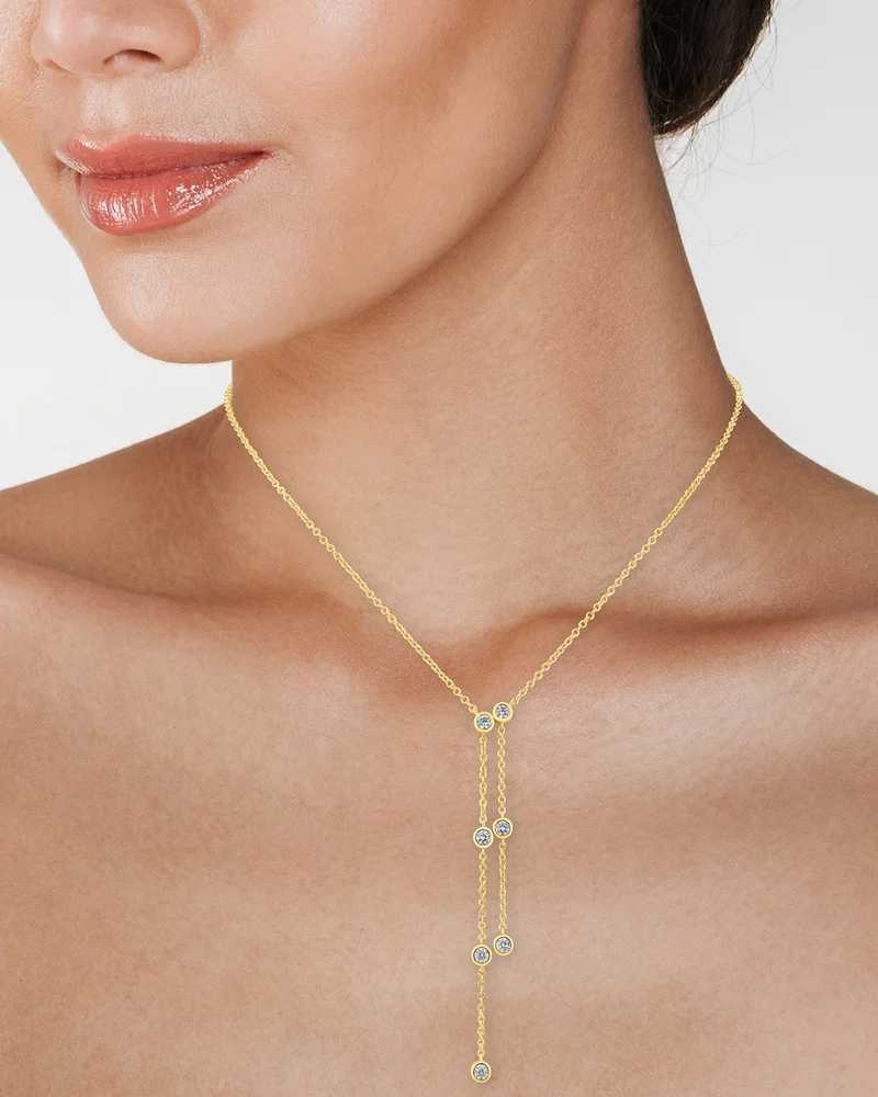 Cubic Zirconia Double Drop Lariat Necklace in 14K Gold Plated, 16"-19"