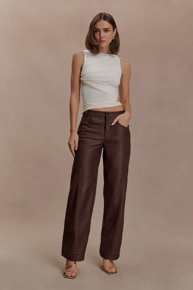 Theo Faux Leather Mid Rise Pants - Dark Chocolate