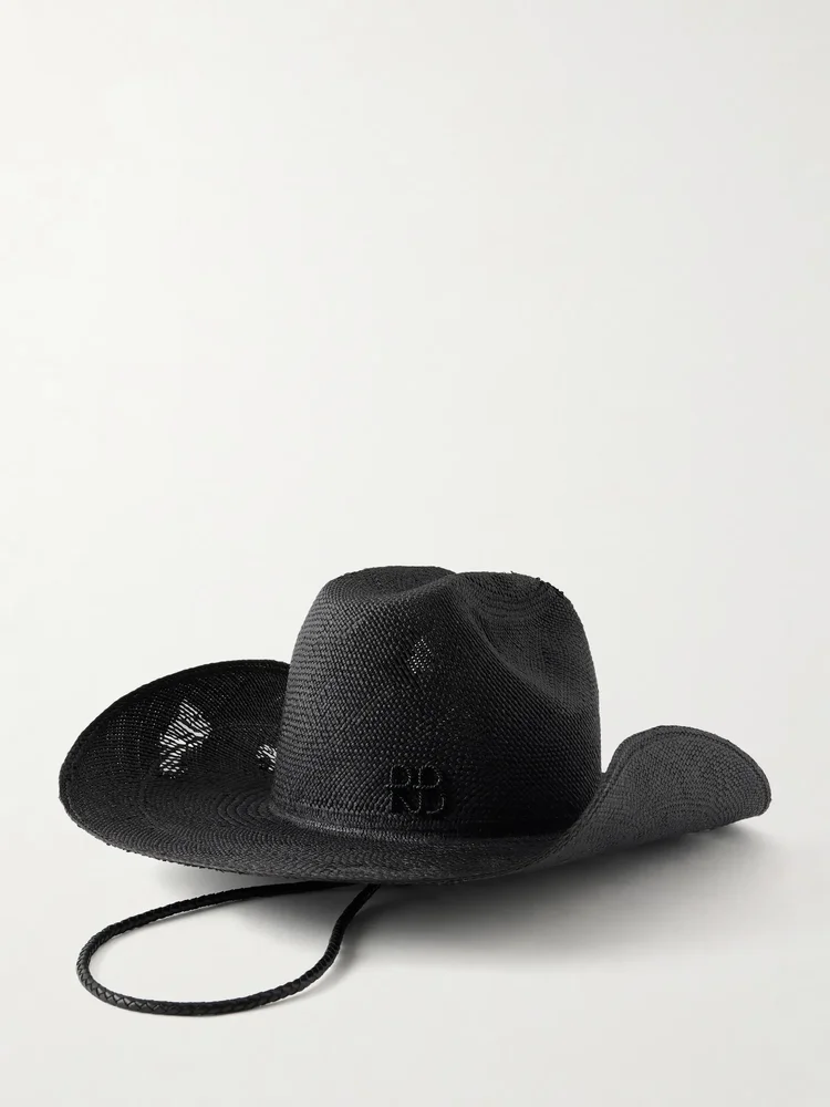 Cowboy distressed leather-trimmed embroidered straw hat