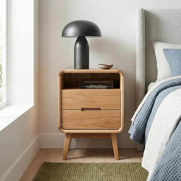 MCM 16.5-inch W Solid Wood Two-Drawer Nightstand with Open Shelf