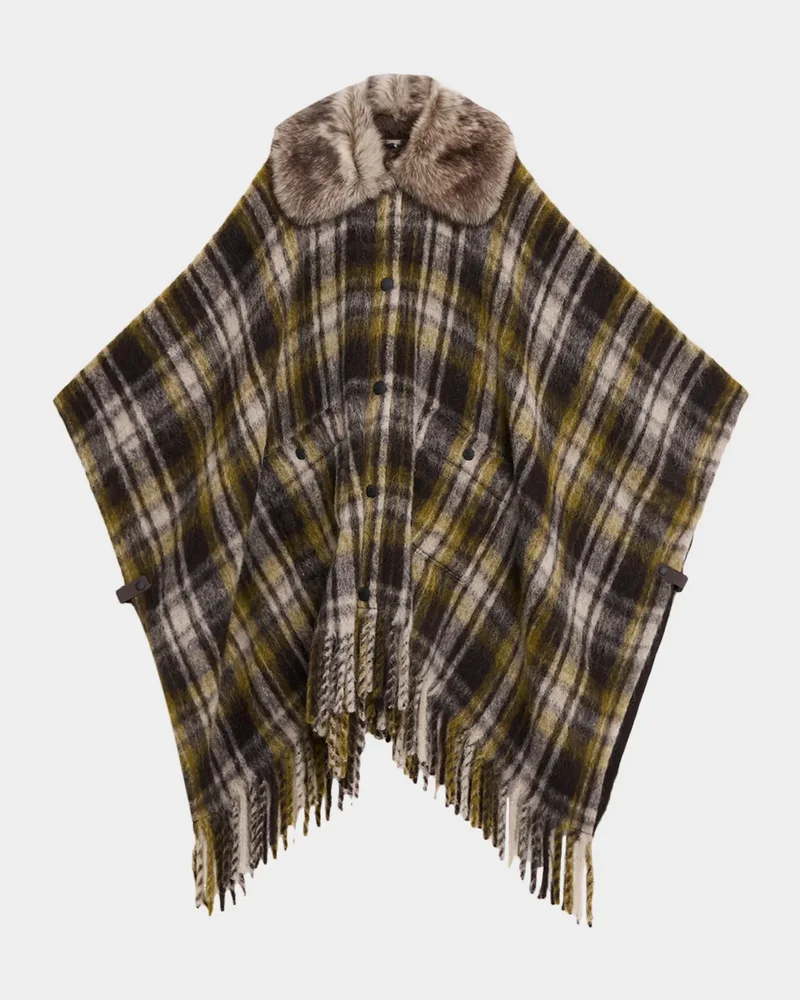 Plaid Mohair, Alpaca & Wool Blend Fringed Cape