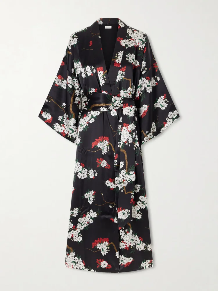 Queenie belted floral-printed silk-satin robe