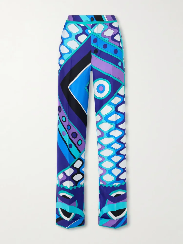 Printed silk-twill wide-leg pants
