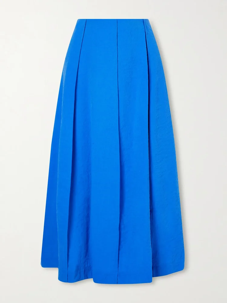 Pleated silk-blend crepe midi skirt