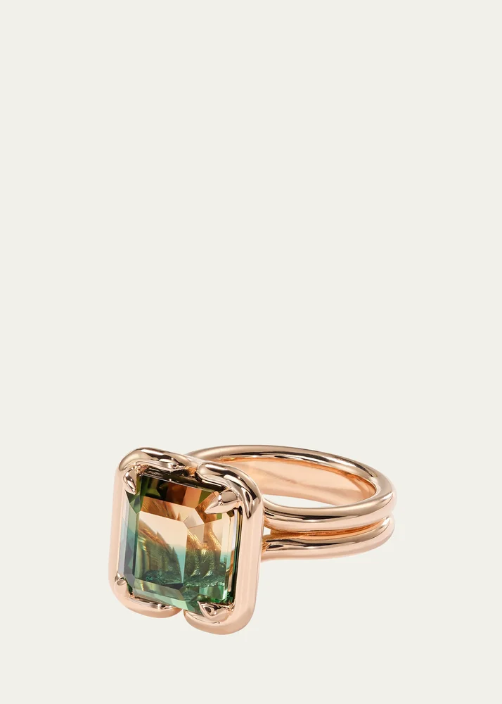 20K Rose Gold Buttress Emerald-Cut Bicolor Tourmaline Solitaire Ring, Size 7