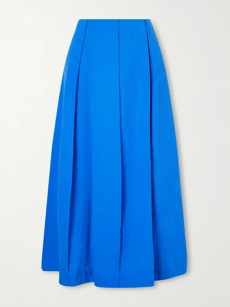 Pleated silk-blend crepe midi skirt