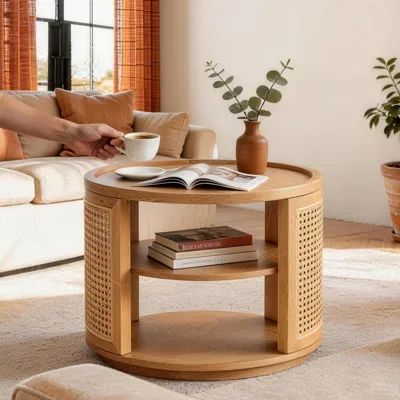 19.7'' Vintage Round Rattan Solid Natural Wood Side Table With 2 Tier Storage Farmhouse For Living Room&bedroom
