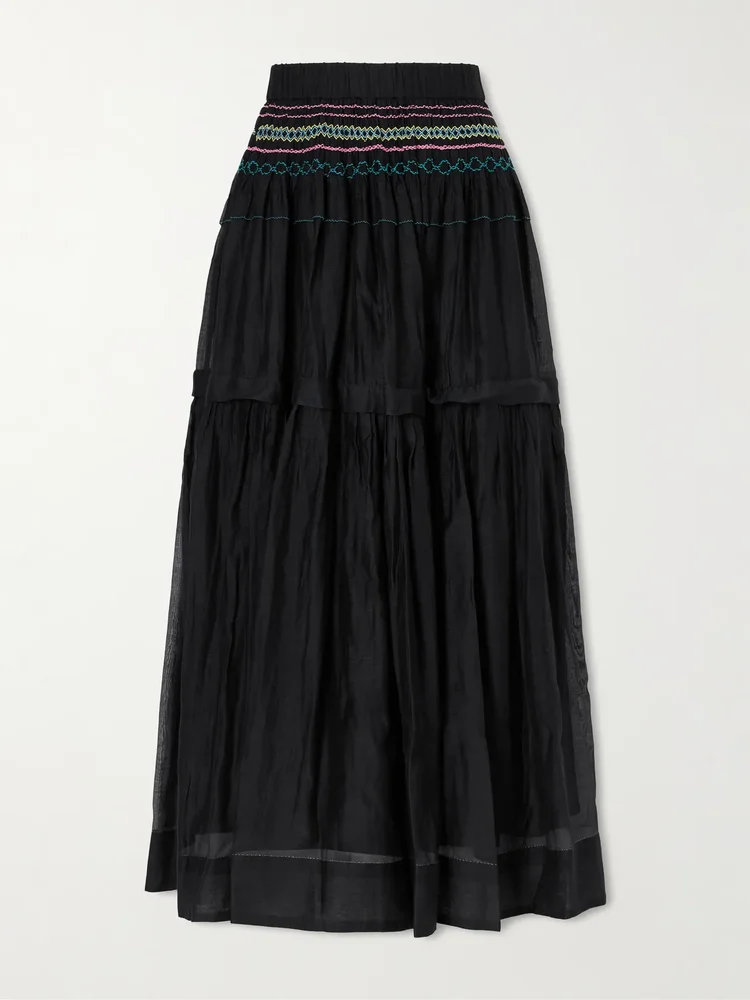 munro gathered tiered smocked cotton and silk blend voile midi skirt