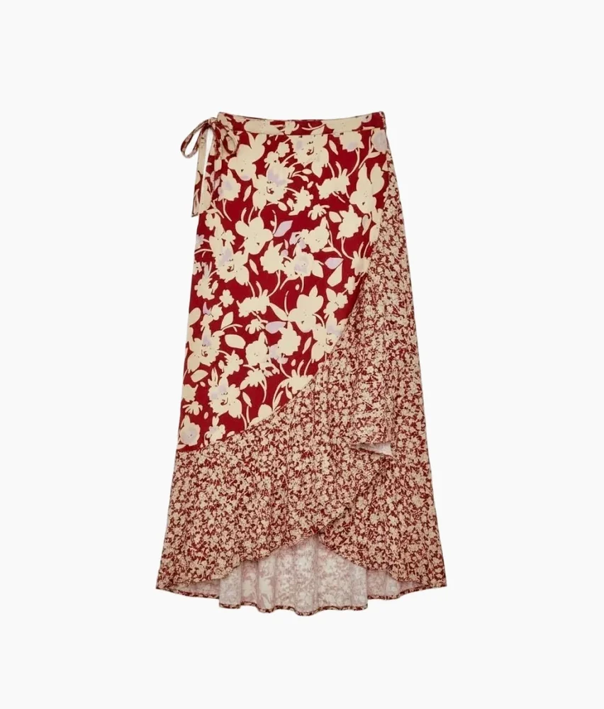 The Silky Luxe Beach to Brunch Wrap Skirt - Contrast Floral in Heirloom Red