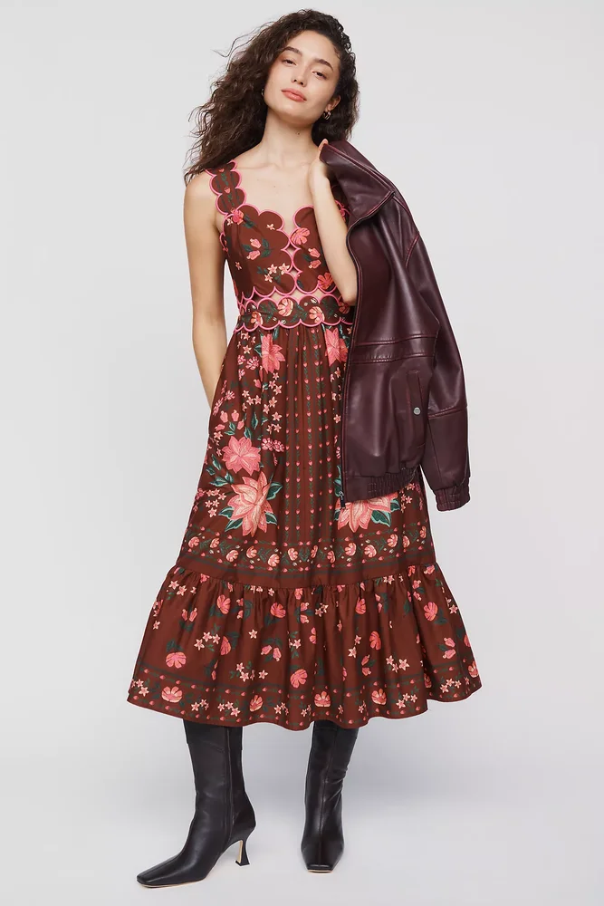 Scalloped Printed Midi Dress