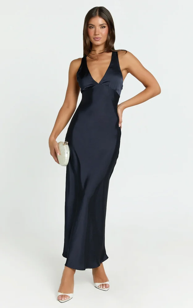 Khalani Midi Dress, Deep V Neck Satin Slip Dress in Navy