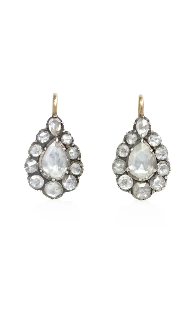 Antique 14K Yellow Gold Sterling Silver Diamond Cluster Earrings