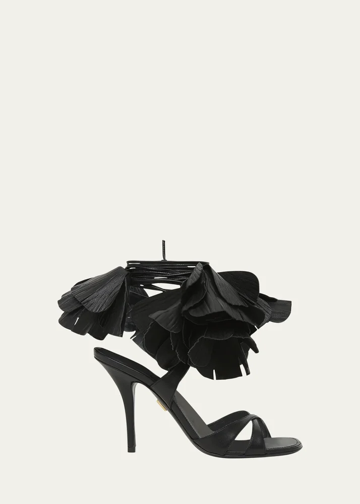 Estrella Leather Flower Ankle-Tie Sandals