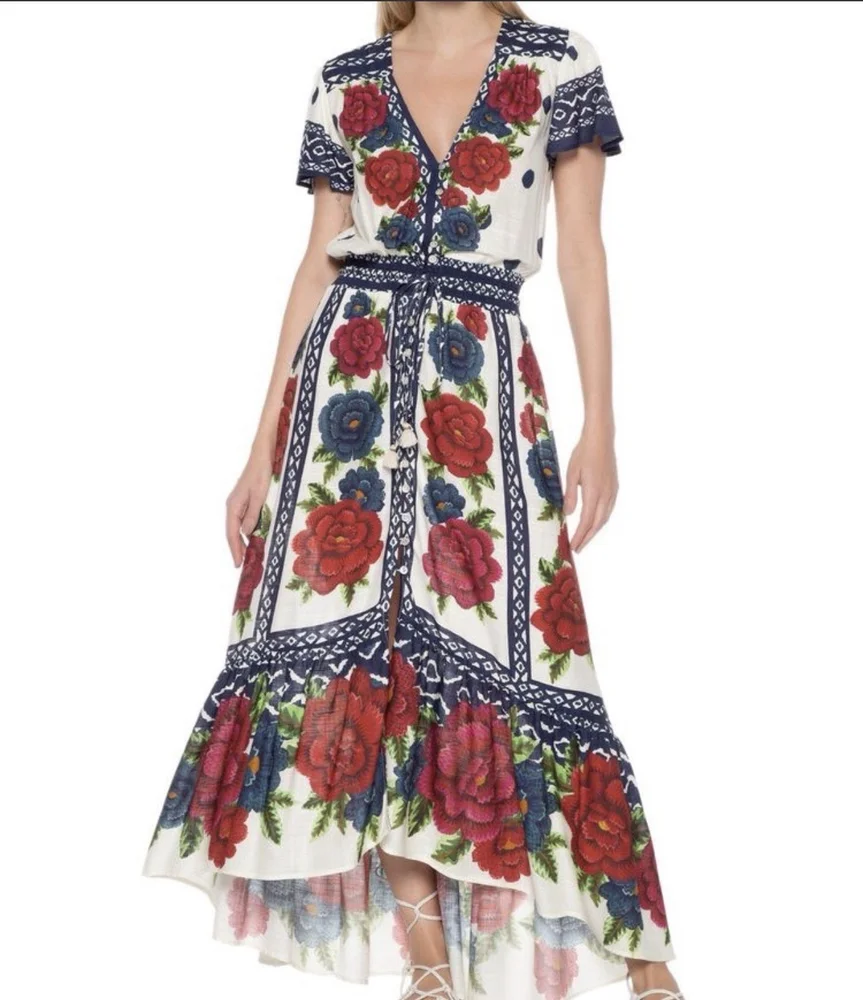 Farm Rio Red & Blue Floral Polka Dot V-Neck Short Sleeve Maxi Dress XL