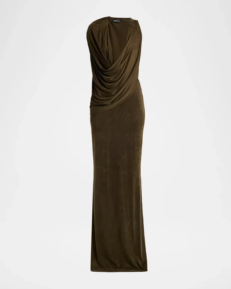 Plunging Cowl-Neck Sleeveless Maxi Dress