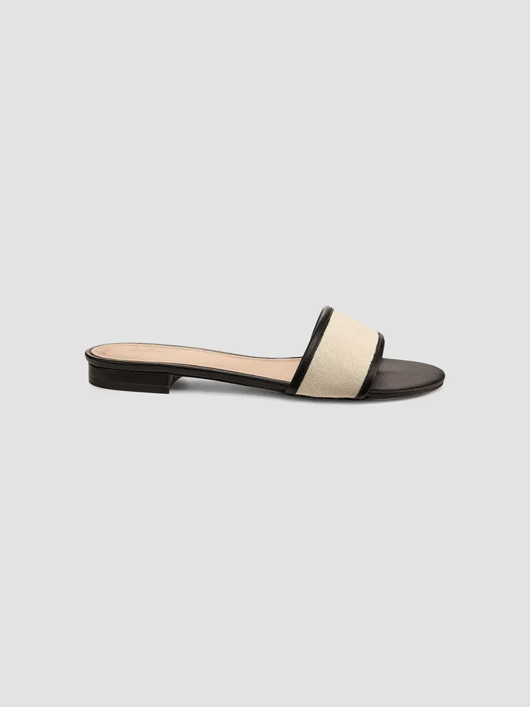 Leather-Trim Linen Flat Sandals