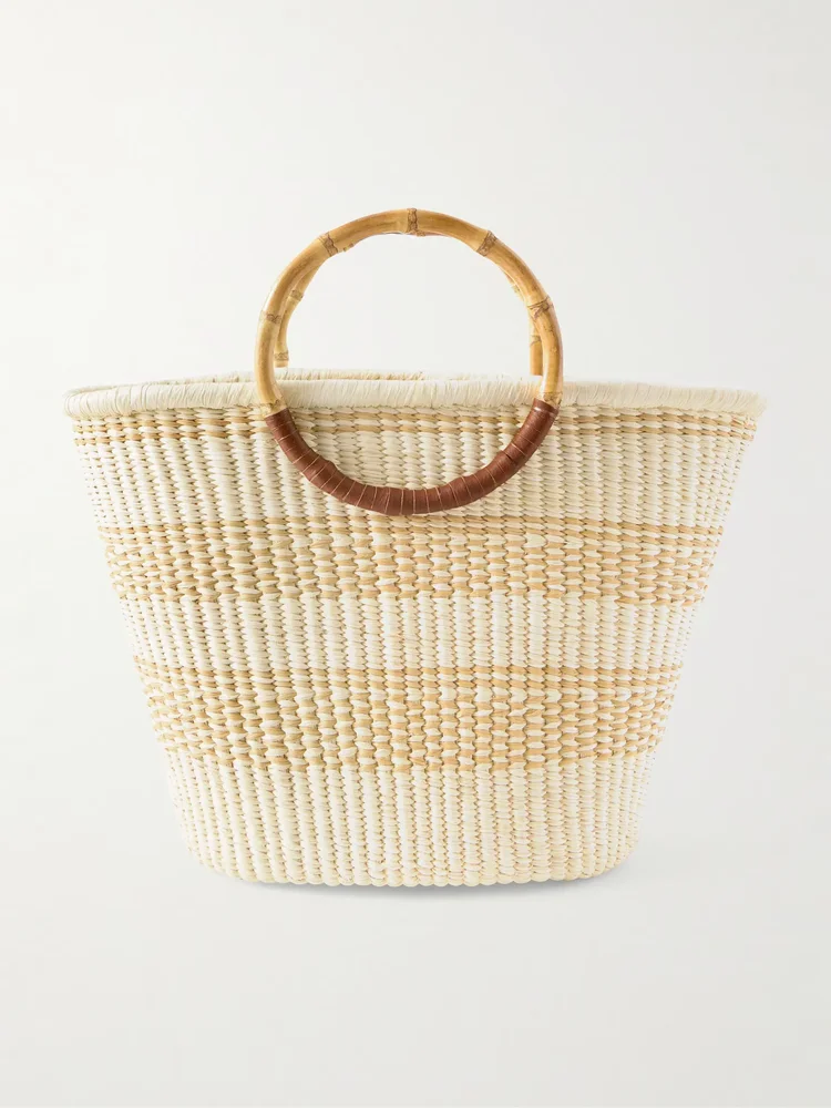 Leather-trimmed straw tote