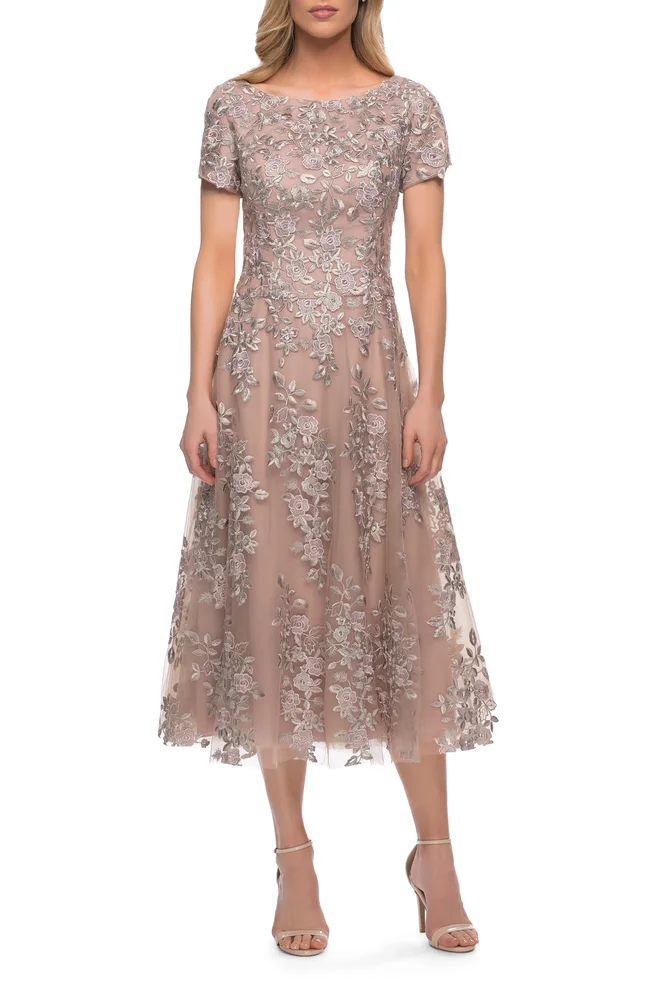 Tea Length Mother of the Bride Dress with Short Sleeves
