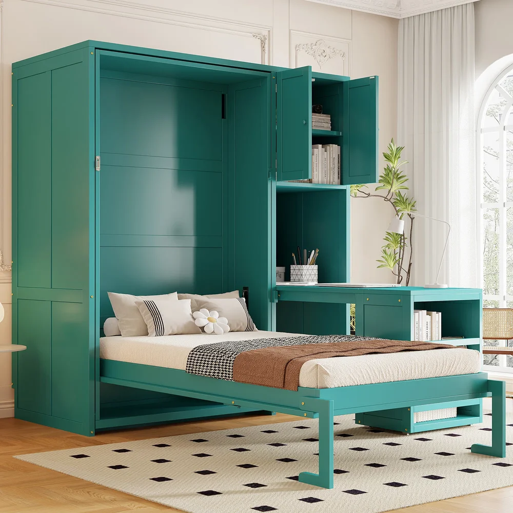Twin Murphy Bed with Rolling Desk, Storage Cabinet and Bookcase