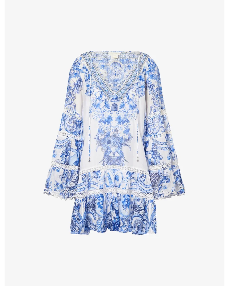 Gathered-Panel Ceramic-Print Silk and Cotton Mini Dress