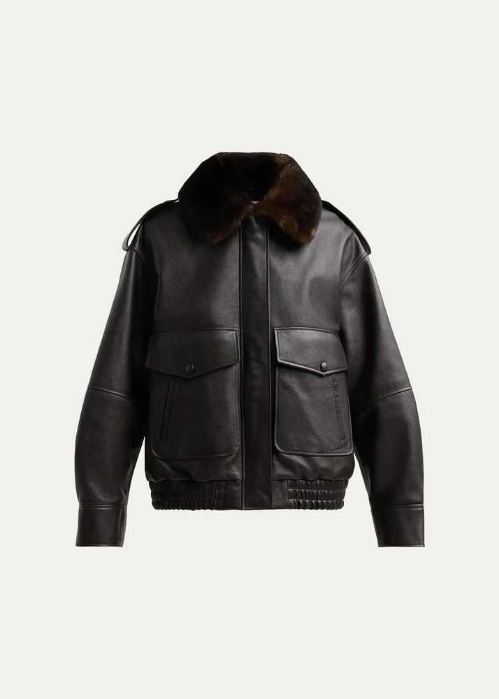Russo Lamb Shearling Collar & Leather Military Jacket