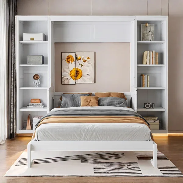 White Solid Pine Murphy Bed with Foldable Desk and Bookshelf Storage, Full