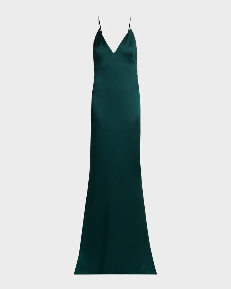 Crystal-Trim Backless Satin Mermaid Gown