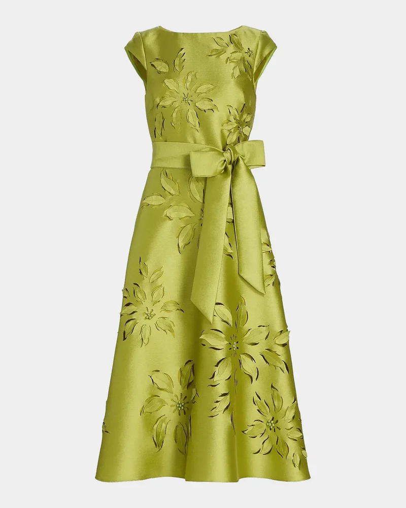 Laser-Cut Floral-Embroidered Tie-Waist Midi Dress