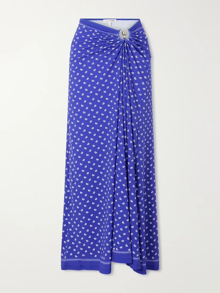 Orbit embellished ruched printed stretch-jersey maxi skirt