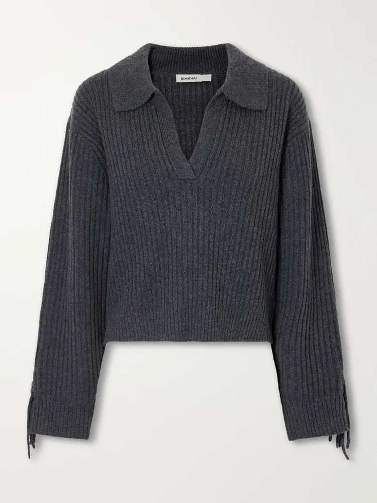 Natalia fringed ribbed wool and recycled cashmere-blend polo sweater