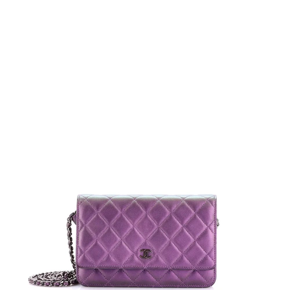 Pre-Owned Wallet on Chain Quilted Metallic Lambskin