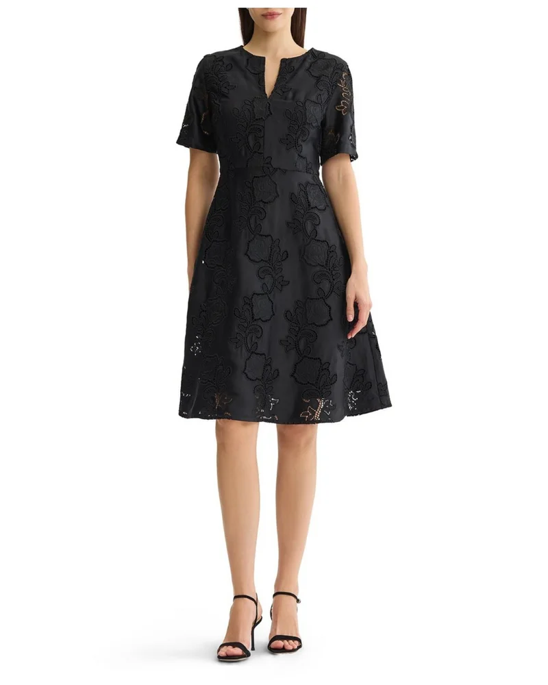 A-Line Floral Eyelet Crepe de Chine Dress
