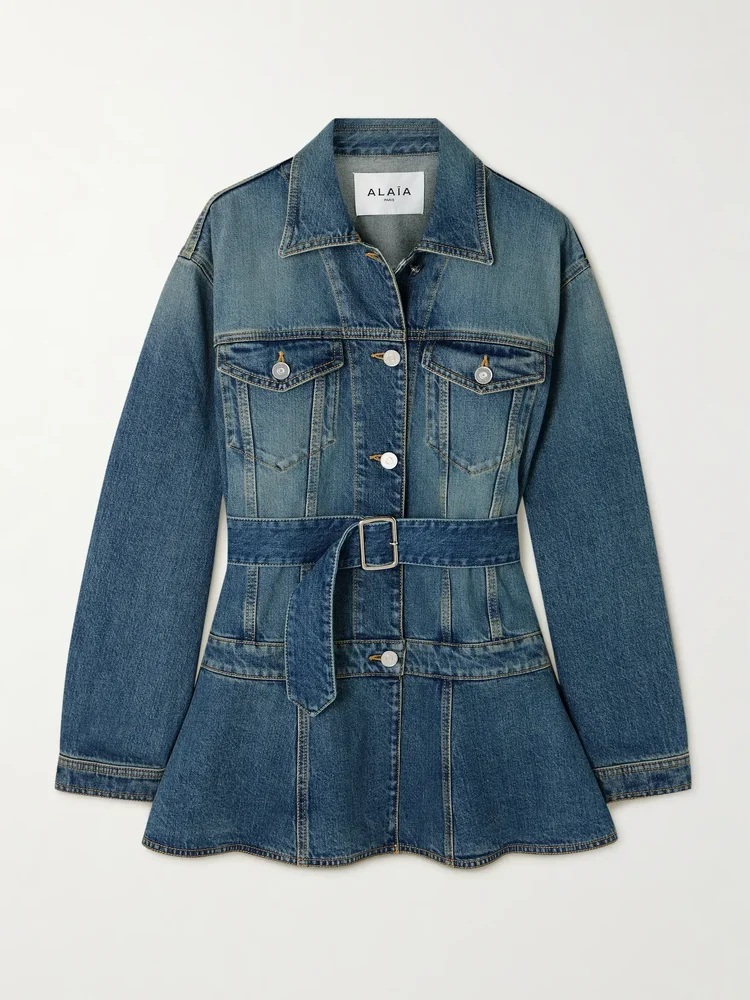 Belted denim peplum jacket
