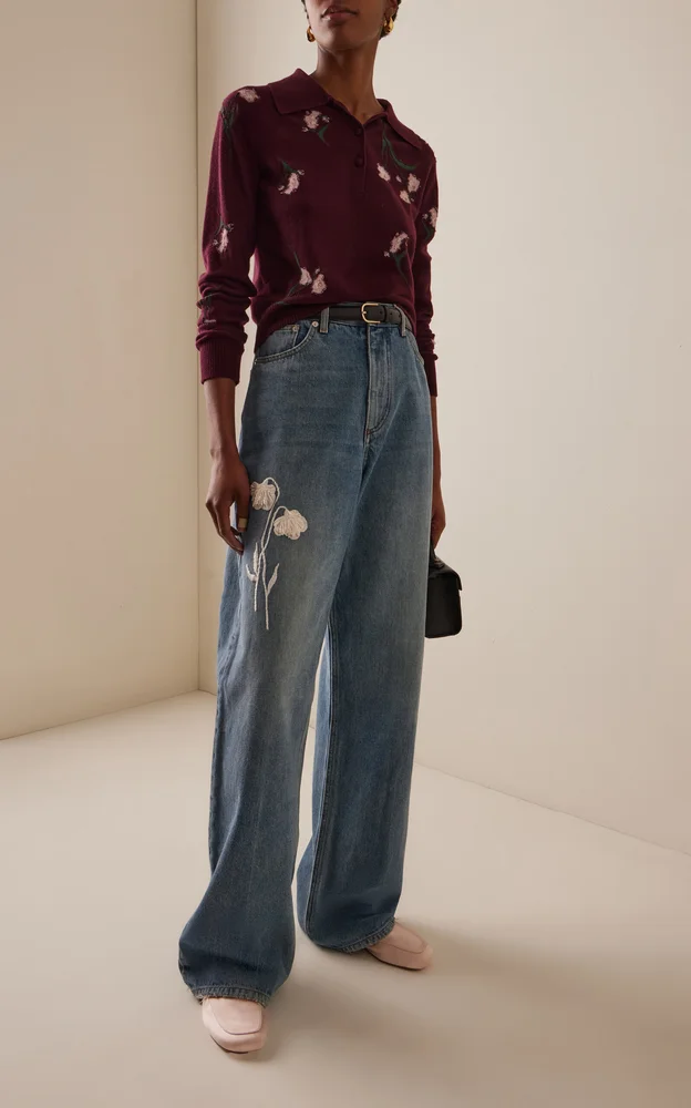 Embroidered Rigid High-Rise Straight-Leg Jeans