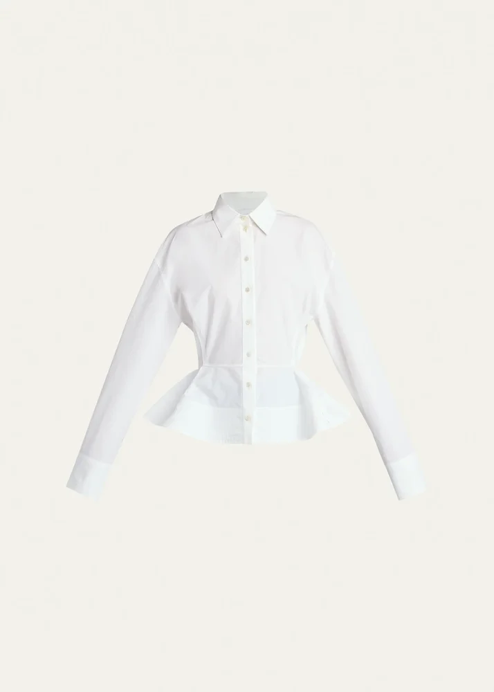 Cotton Poplin Button-Front Peplum Shirt
