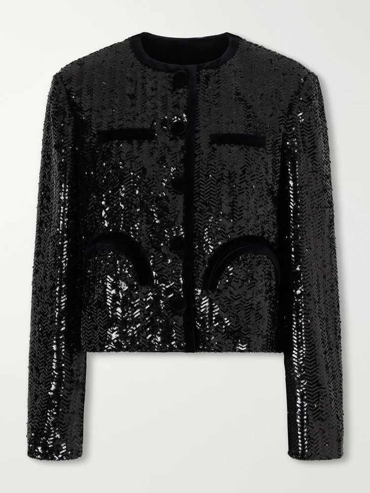 Shamo velvet-trimmed sequined jacket