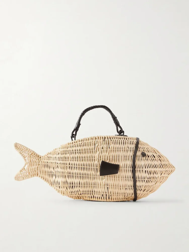 Cleo Fish mini leather-trimmed raffia tote