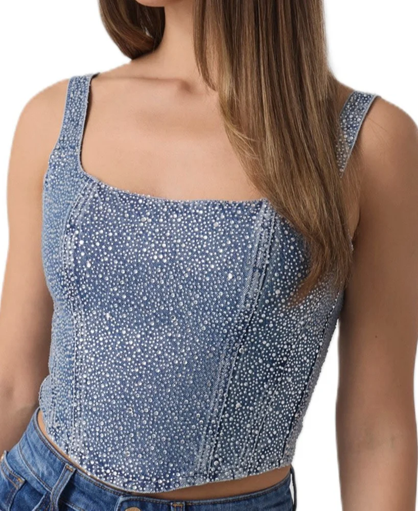 Gala Square-Neck Embellished Sleeveless Denim Bustier