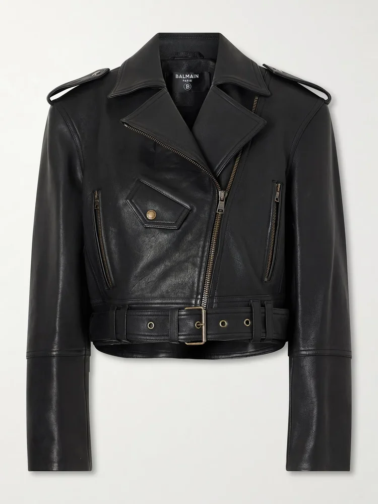 Cropped belted leather biker jacket