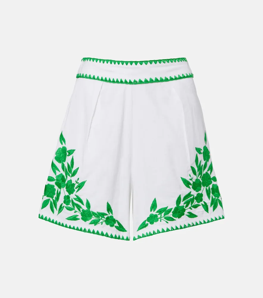 Embroidered cotton and linen shorts