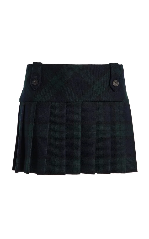 Pleated Checked Wool-Twill Mini Skirt