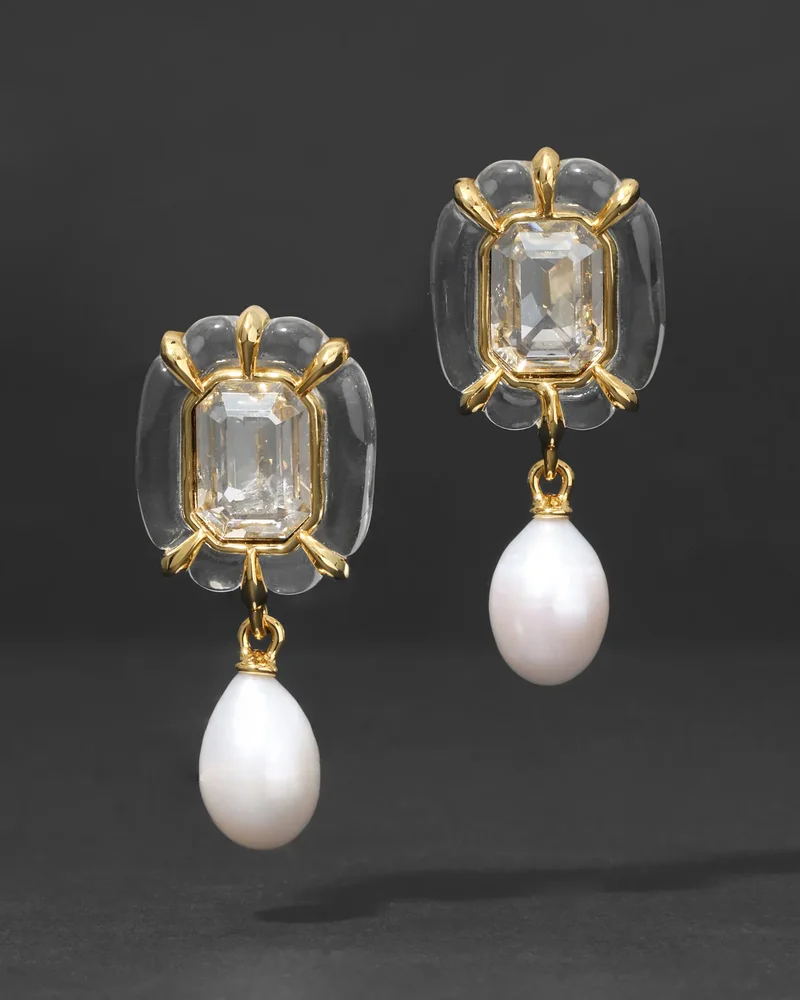 Liquid Lucite Jeweled Freshwater Pearl Drop Earring- Clear