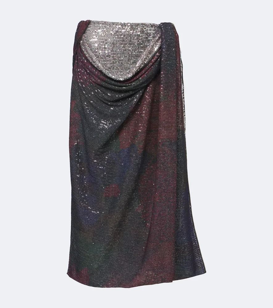 Draped printed sequined midi skirt