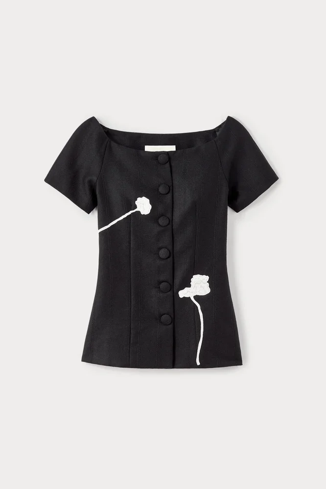 Black virgin wool top with floral embroidery