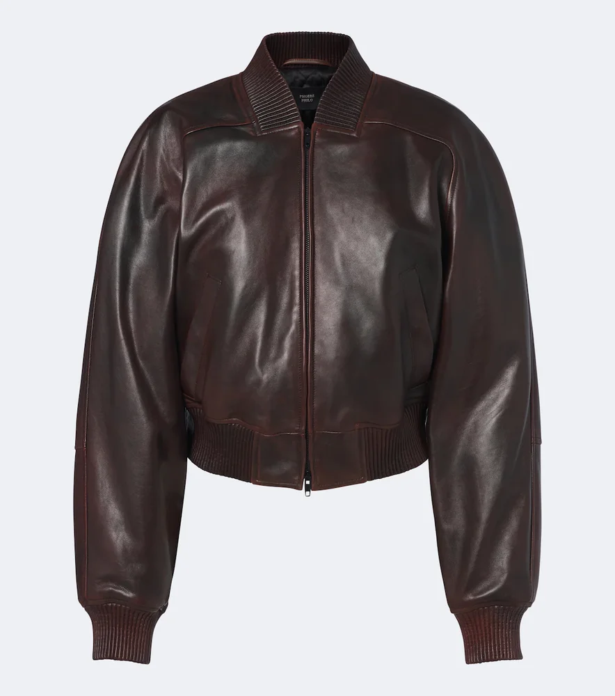 Cropped leather bomber jacket