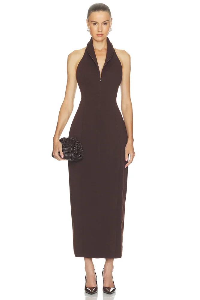 Cotton Mix Zip Collar Midi Dress