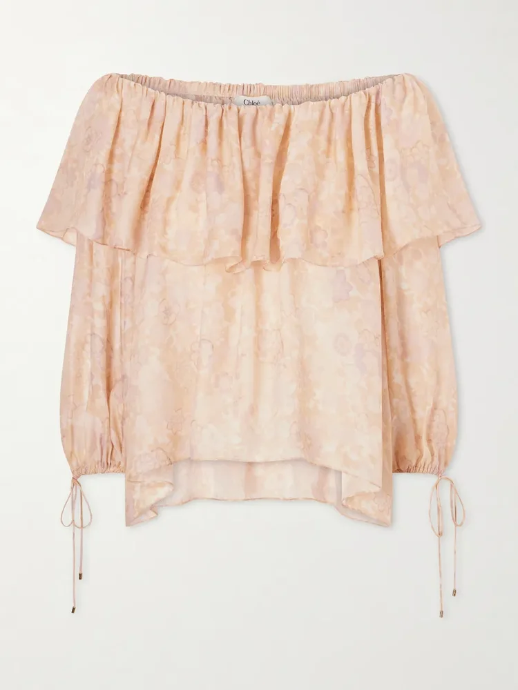 Off-the-shoulder ruffled floral-print silk-charmeuse blouse
