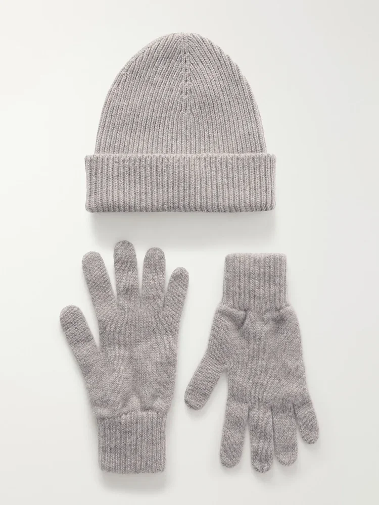 Ribbed Gloves and Beanie Cashmere Set