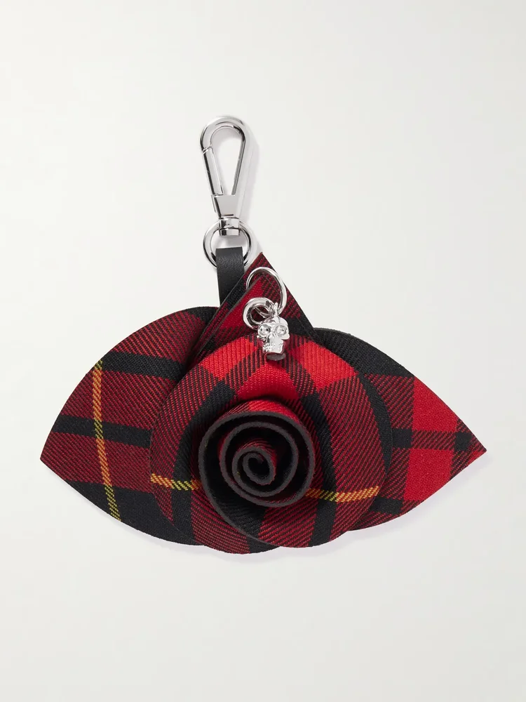 Silver-tone checked jacquard bag charm
