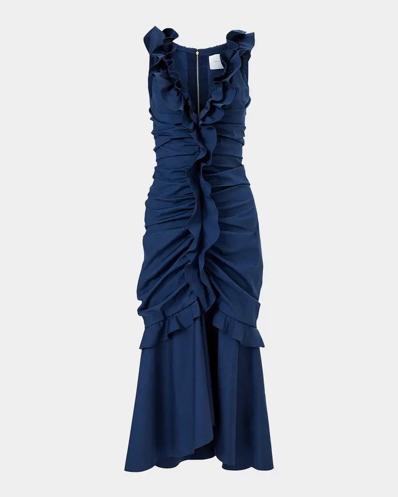 Sleeveless V-Neck Ruched and Ruffled Midi Dress